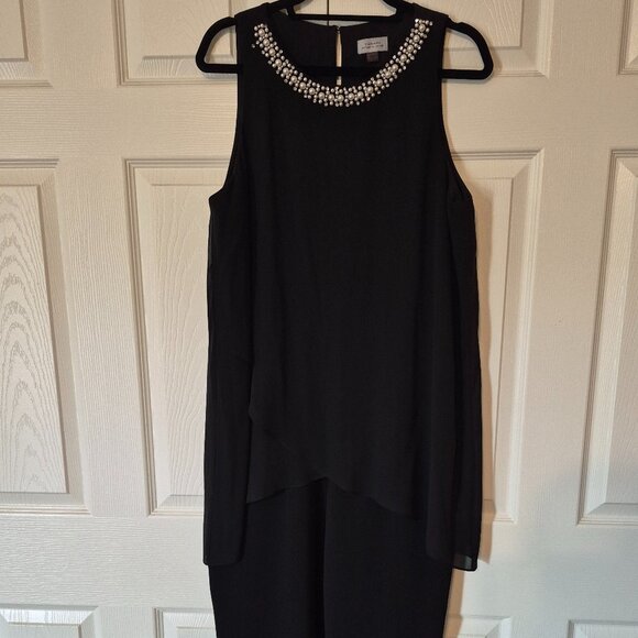 Tahari Black Jumpsuit size 12 - Arthur Levine designer Polyester Pearl Collar - Picture 2 of 7